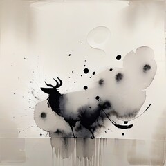 Dynamic abstract portrayal of a deer in black ink, adorned with expressive splashes and shapes, capturing a sense of movement and wildness against a soft, neutral backdrop.