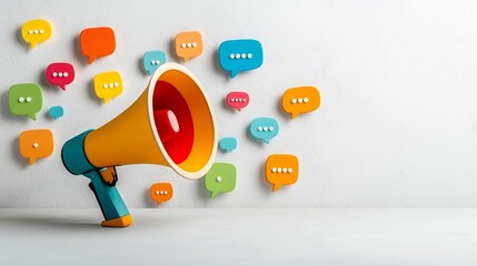 Vibrant megaphone surrounded by floating speech bubbles in vivid hues symbolizing the power of modern advertising and digital messaging on a crisp background