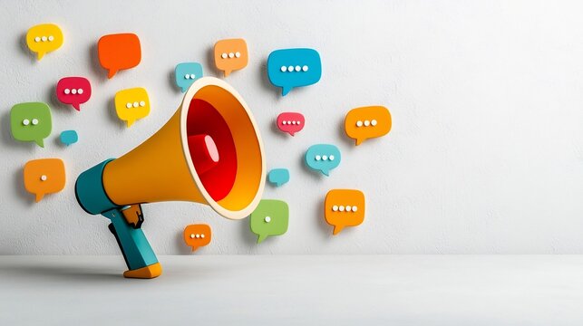 Vibrant megaphone surrounded by floating speech bubbles in vivid hues symbolizing the power of modern advertising and digital messaging on a crisp background