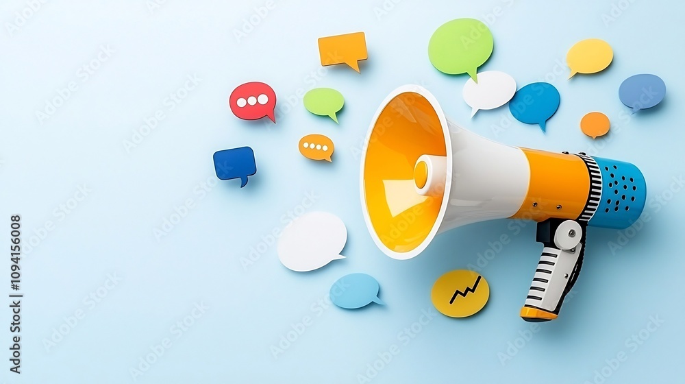 Aufkleber Radiant megaphone with a diverse array of colorful speech bubbles floating creatively representing the powerful strategies and dynamic nature of advertising and social media marketing