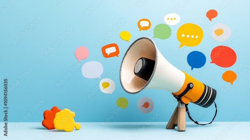 Aufkleber radiant and vibrant megaphone icon with colorful speech bubbles floating creatively representing the