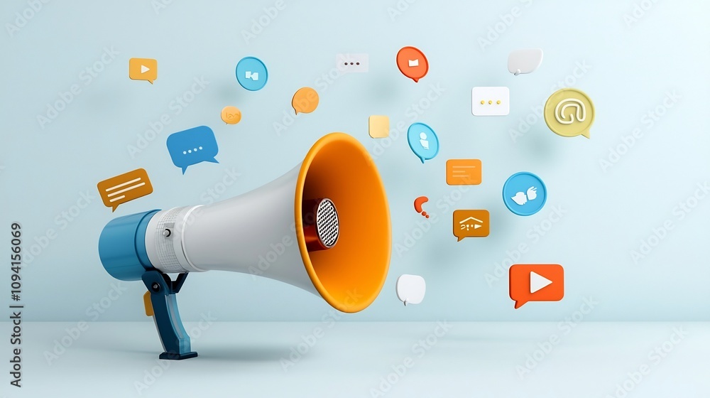 Aufkleber Vibrant megaphone with an array of colorful speech bubbles floating dynamically symbolizing the creative and diverse strategies used in advertising and social media campaigns