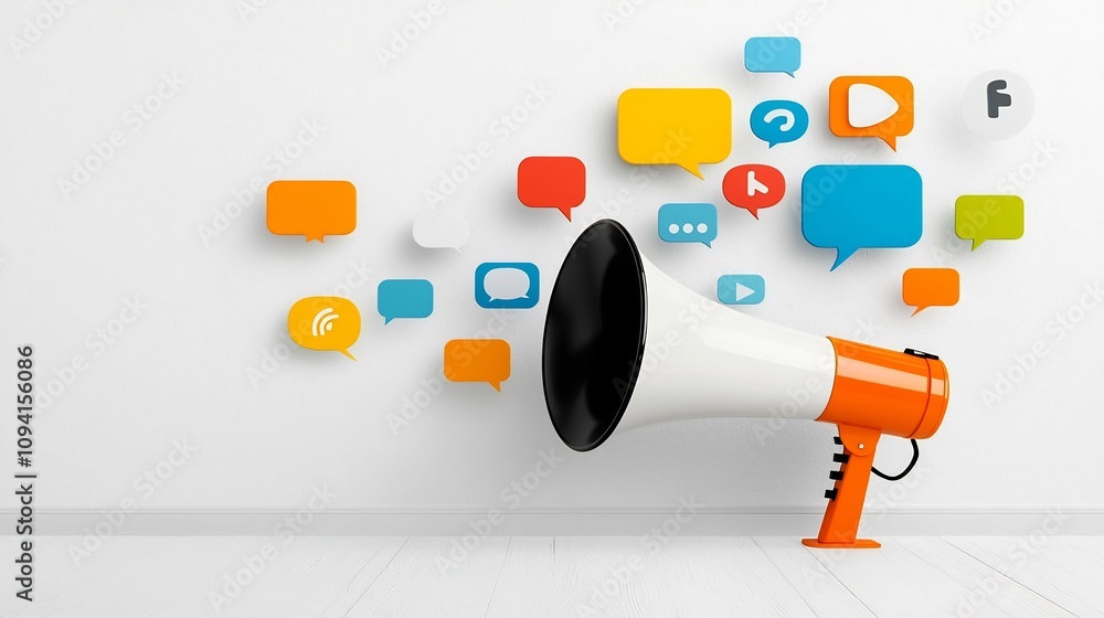 Aufkleber Radiant megaphone with colorful floating speech bubbles   a creative visual representation of diverse advertising and social media strategies for effective communication marketing and outreach