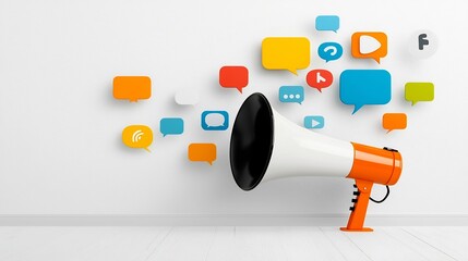 Radiant megaphone with colorful floating speech bubbles   a creative visual representation of diverse advertising and social media strategies for effective communication marketing and outreach
