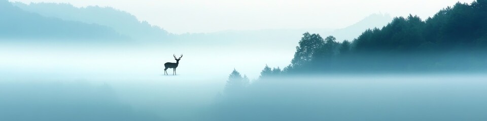 2409_022 A tranquil natural scene with clean space above, overlooking a serene setting featuring misty forest, with an open space nestled amidst morning light, set against a deer silhouette backdrop,