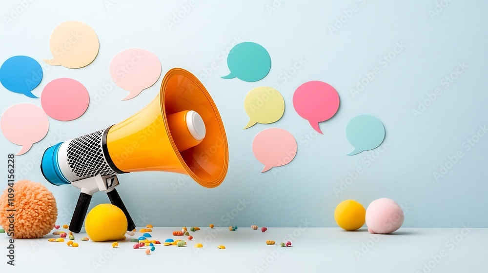 Aufkleber visually engaging megaphone icon surrounded by multicolored speech bubbles representing messaging ad