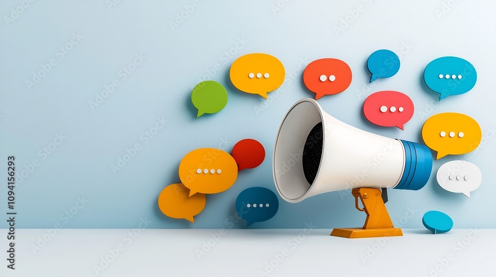Aufkleber Vibrant and dynamic megaphone icon with multicolored speech bubbles visually representing messaging communication and digital advertising concepts in a clean and modern layout design