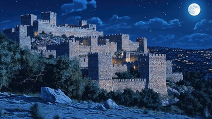 A nighttime view of a fortified castle illuminated under a bright moon.