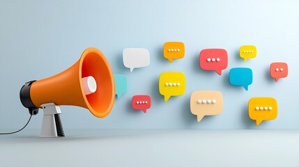 Visually impactful and dynamic megaphone and multicolored speech bubbles in a clean layout visually representing messaging and communication for digital advertising campaigns and marketing efforts
