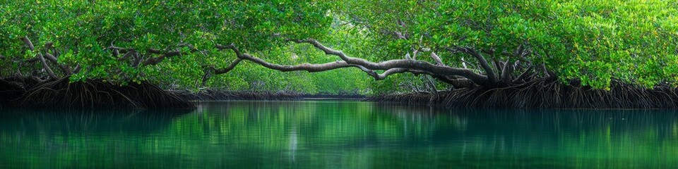 Fototapeta premium 2409_024 A tranquil natural scene with clean space above, overlooking a serene setting featuring mangrove swamp, with an open space nestled amidst tangled roots, set against a calm waters backdrop,