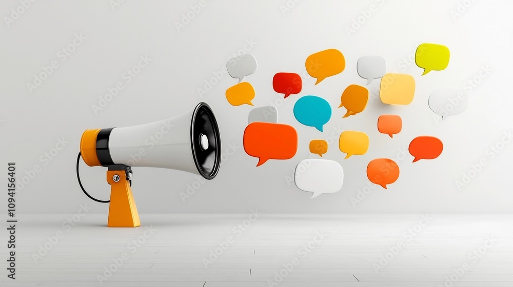 Poster energetic megaphone releasing a vibrant and dynamic burst of bold speech bubbles standing out vividl