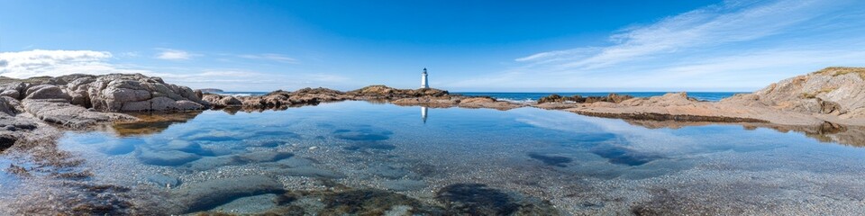 2409_027 A tranquil natural scene with clean space above, overlooking a serene setting featuring rocky shore, with an open space nestled amidst tidal pools, set against a lighthouse view backdrop,