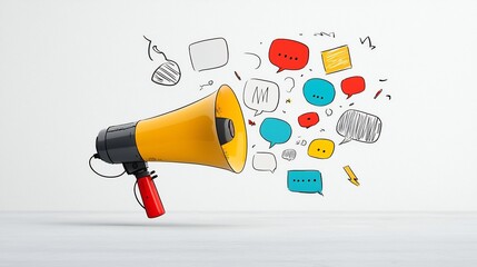Energetic megaphone releasing a dynamic burst of bold and vibrant speech bubbles standing out vividly against a clean minimalistic background This conceptual