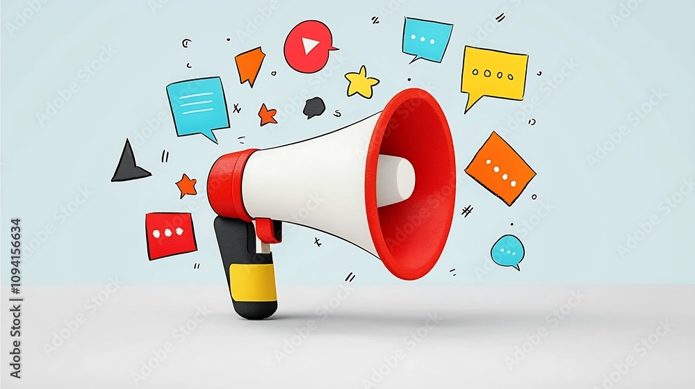 Poster brightly illustrated megaphone with bold colorful speech bubbles on a crisp minimal background desig