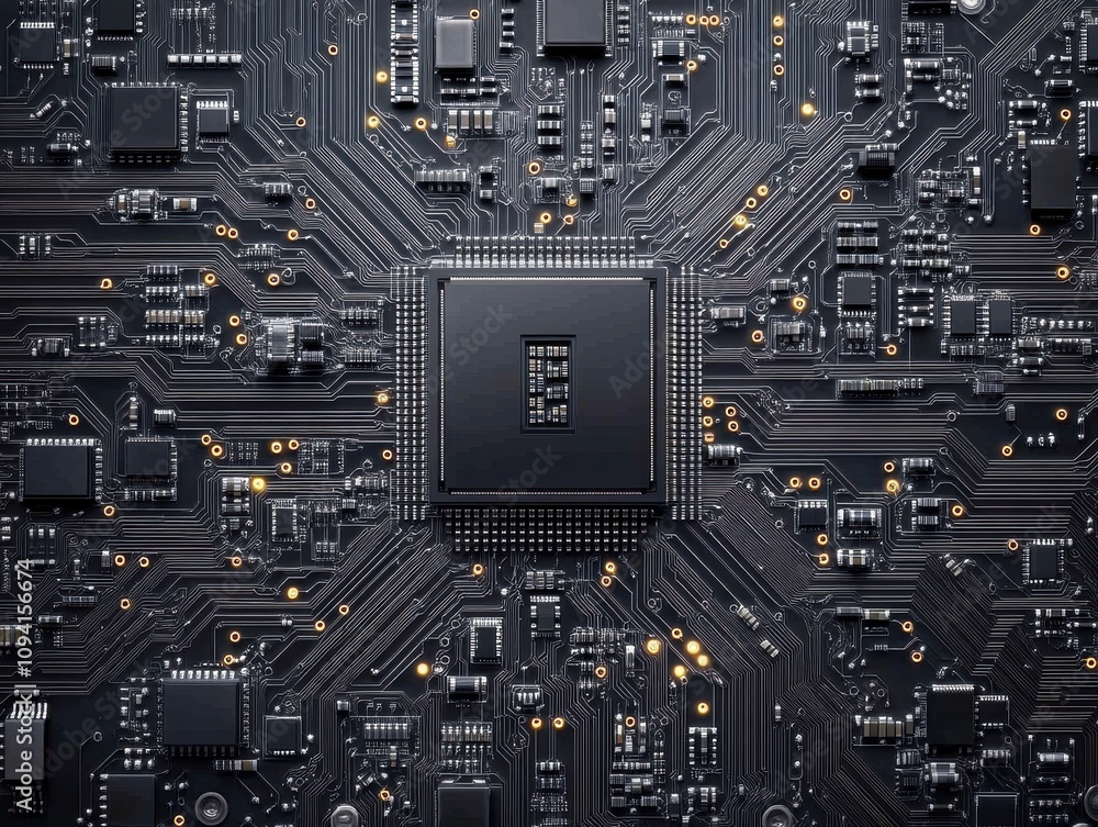 Poster black circuit board with central processor chip and electronic components