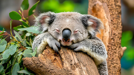 Obraz premium peaceful koala resting on tree branch, surrounded by green leaves, exuding tranquility and comfort
