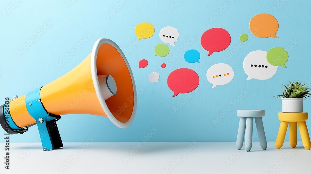 Poster Vibrant and dynamic megaphone releasing a cascade of speech bubbles highlighting the power of creative marketing ideas and effective communication on a bright modern canvas