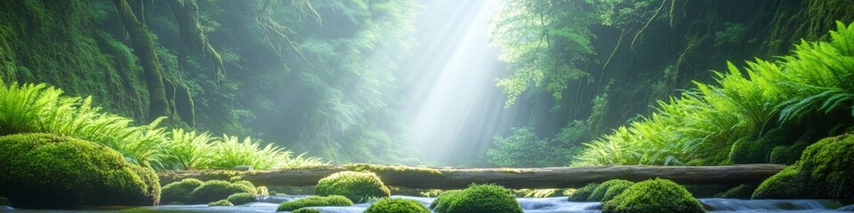 2409_037 A tranquil natural scene with clean space above, overlooking a serene setting featuring fern canyon, with an open space nestled amidst moss-covered logs, set against a dappled sunlight