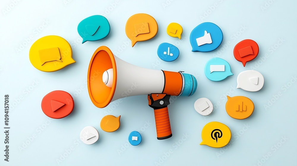 Aufkleber vibrant and megaphone surrounded by bold floating speech bubbles in a variety of colors symbolizing 