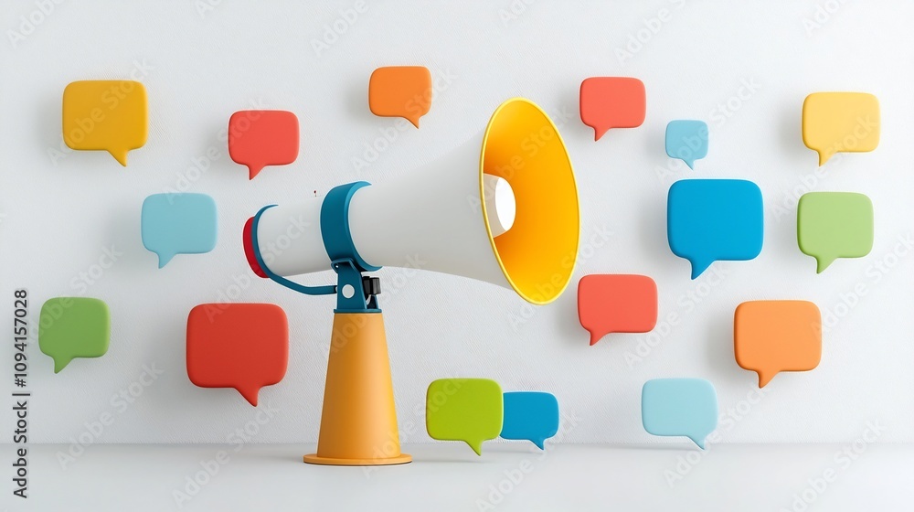Aufkleber megaphone surrounded by bold floating speech bubbles in vibrant colors symbolizing the power of social media outreach and digital communication