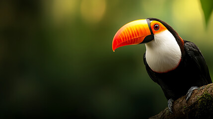 Fototapeta premium vibrant toucan perched on tree branch, showcasing its colorful beak and striking features in lush green background. This wildlife photo captures essence of nature beauty