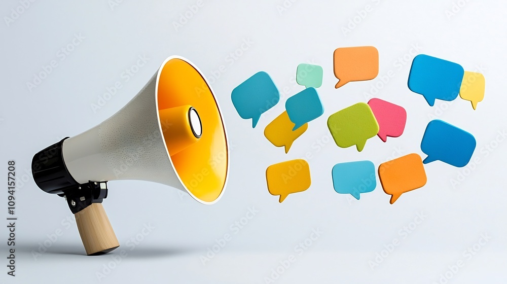 Leinwandbilder Vibrant megaphone releasing a dynamic layout of colorful speech bubbles highlighting the concepts of effective communication media outreach and impactful message delivery