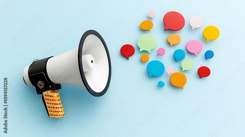 Poster sleek metallic megaphone with vibrant multicolored floating speech bubbles visually representing cre