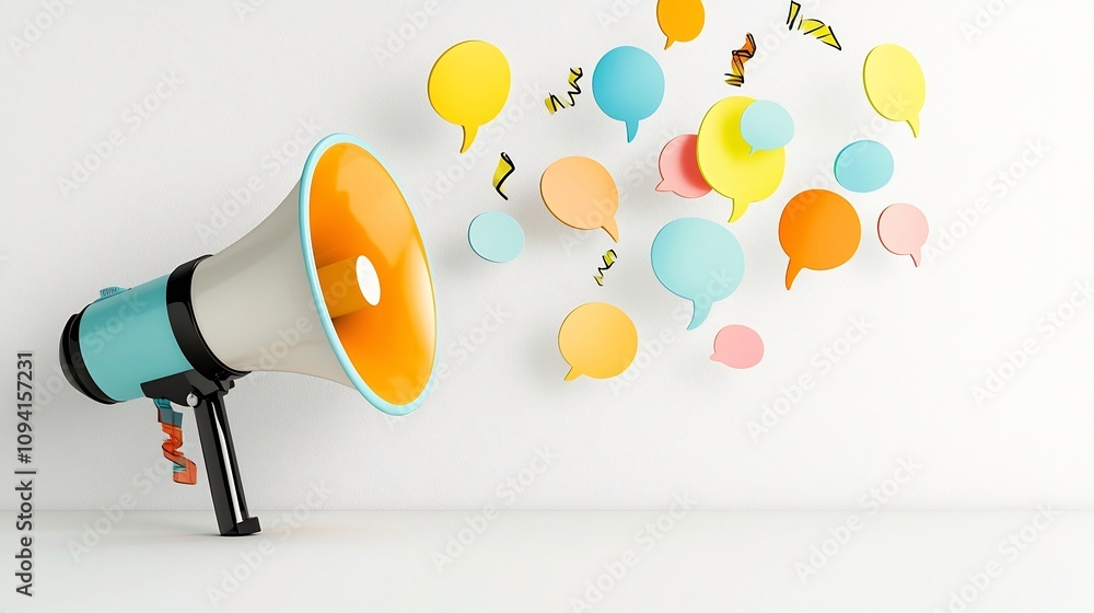 Poster sleek and modern 3d rendered megaphone design with multicolored floating speech bubbles visually rep