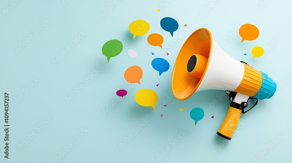 Leinwandbilder Bright and Vibrant Megaphone Releasing Colorful Speech Bubbles in a Dynamic Abstract Layout Highlighting Concepts of Communication Media Outreach and Effective Digital Messaging