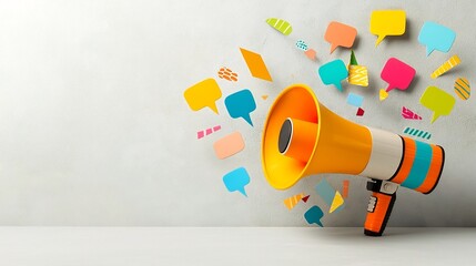 Vibrant megaphone releasing a dynamic layout of colorful speech bubbles highlighting the concepts of digital communication media outreach and effective messaging