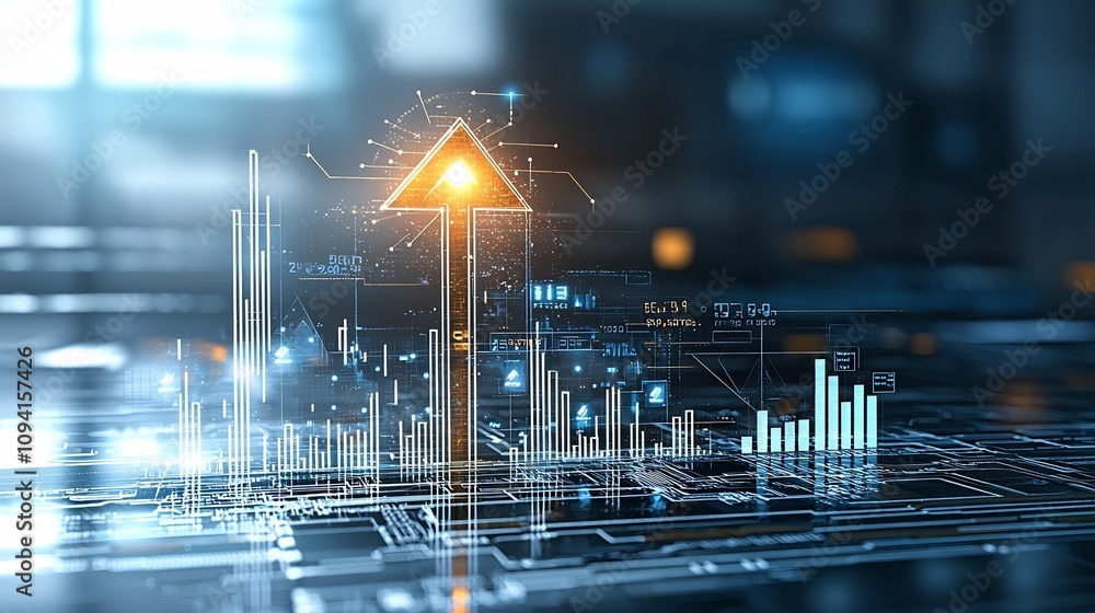 Aufkleber Bright upward pointing arrow radiating speed and energy on a glowing futuristic Bitcoin cryptocurrency background symbolizing growth progress and the rising potential of digital finance