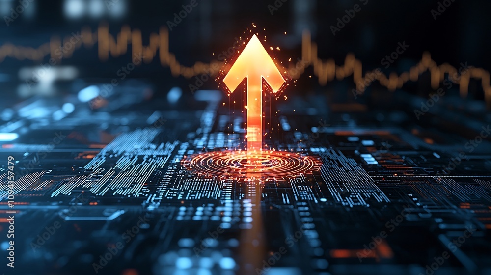 Aufkleber Glowing beam shaped arrow pointing upward over a vibrant radiant cryptocurrency background symbolizing progress motion and the dynamic energy of the digital finance industry