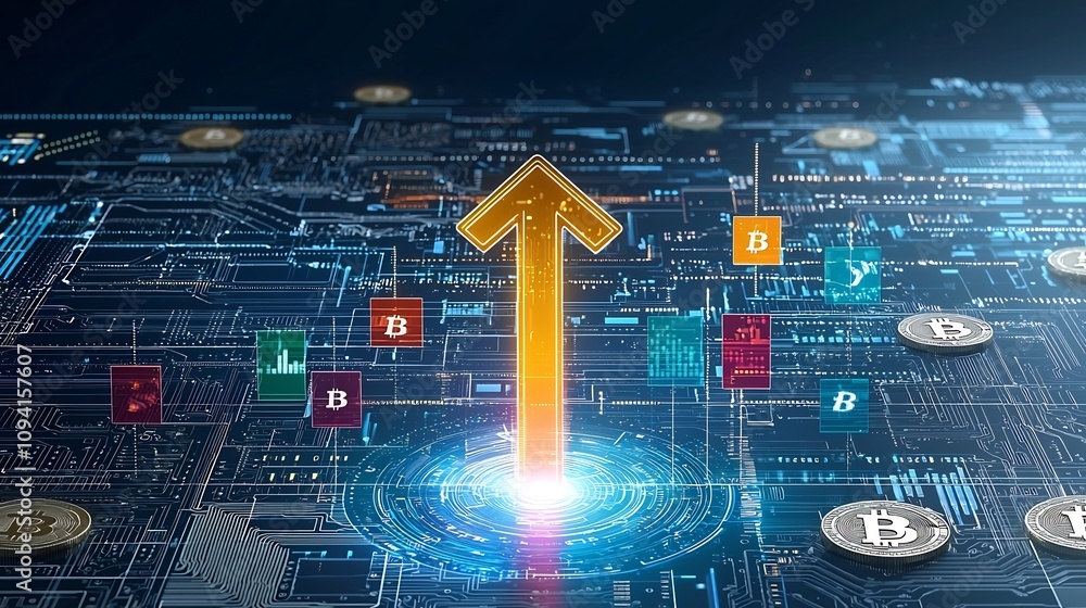 Poster Futuristic glowing upward arrow with vibrant colors radiating over a Bitcoin inspired abstract background conveying a sense of speed energy and technological progress