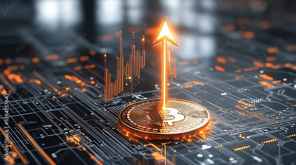 Poster energetic arrow bursting upward with radiant light overlaid on a glowing and dynamic bitcoin coin th