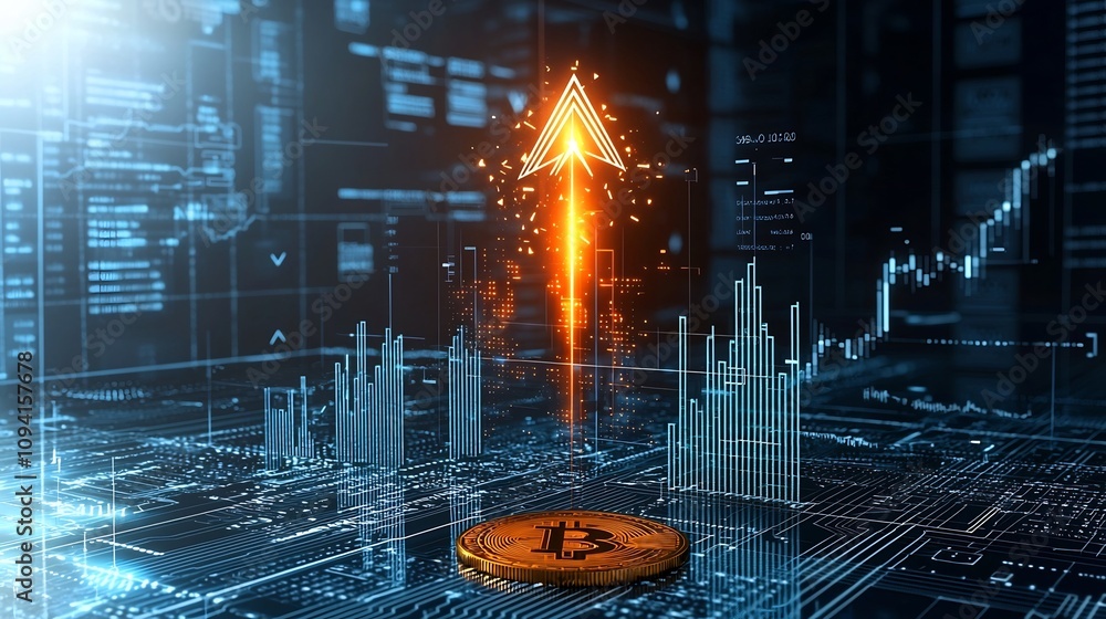 Aufkleber Energetic arrow bursting upward with radiant light overlaid on a glowing Bitcoin themed design symbolizing the dynamic cutting edge nature of cryptocurrency and blockchain technology