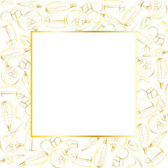 New Year and Christmas square frame in square. Golden contours on a white background. Template with space for text for a card, invitation, flyer, tag, design element.