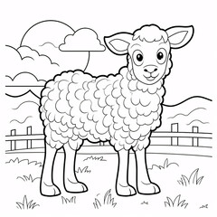 A happy little sheep illustration for a coloring book, featuring bold black-and-white outlines perfect for creative coloring.

