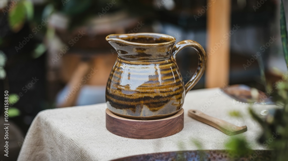 Poster A rustic ceramic pitcher with a unique glaze sits on a textured surface, surrounded by greenery, creating a charming, natural atmosphere.