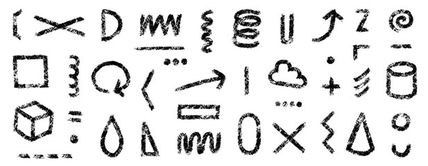 Hand drawn symbols that look like they were drawn with pastels or crayons. Vector illustration set of shapes and geometric patterns that look like they were drawn with charcoal pencils.