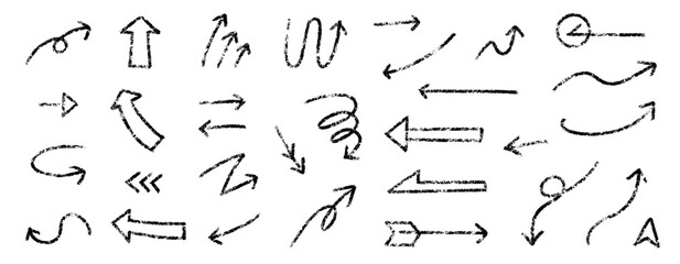 Fototapeta premium Hand drawn black arrows vector illustration set. A set of hand-drawn arrows that look like they were drawn with pastels, crayons, or charcoal pencils.