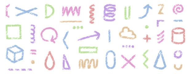 Hand drawn symbols that look like they were drawn with pastels or crayons. Vector illustration set of shapes and geometric patterns that look like they were drawn with charcoal pencils.
