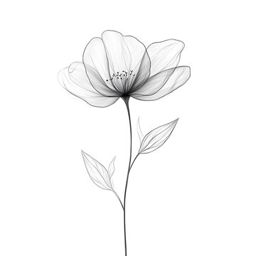 Black-and-white drawing of a violet flower with simple, clean lines and subtle petal details