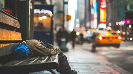 A homeless person sleeping on a bench in a bustling cityscape, Reflecting the disparity and social issues of homelessness, minimalistic composition