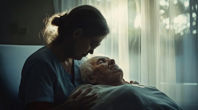 A healthcare worker comforting an elderly patient in a hospice care facility, Reflecting compassion and dignity in end-of-life care, photography style - Powered by Adobe