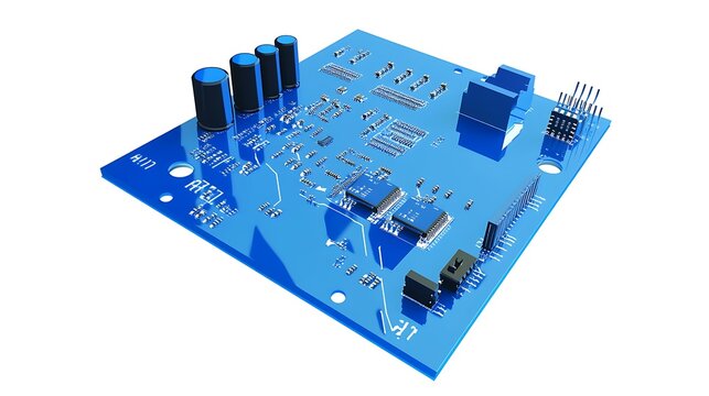 blue circuit board, very ditail, front view, white background