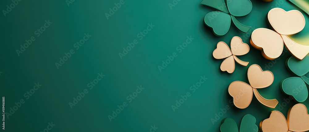 Poster emerald glow, a vibrant blend of forest green and gold with abstract shamrock shapes illuminated by 