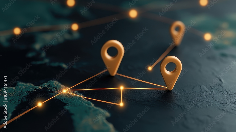 Aufkleber global network pathways illustrated on an atlas, glowing markers and lines show data transfer connec