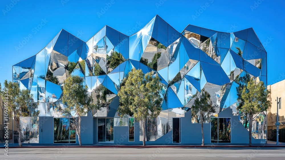 Poster A modern, reflective building with angular design and greenery in front.