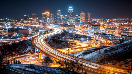 Obraz premium vibrant cityscape at night showcasing illuminated skyscrapers and winding roads. long exposure captures dynamic movement of traffic against backdrop of bustling urban skyline
