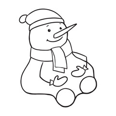Cute Snowman in a hat, scarf and mittens sits waiting for the New Year. New Year s card. Coloring for children. Vector clip art.